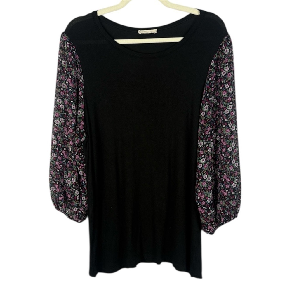 Pebble and Stone Black Floral Patterned Semi Sheer Bell Long Sleeves Blouse